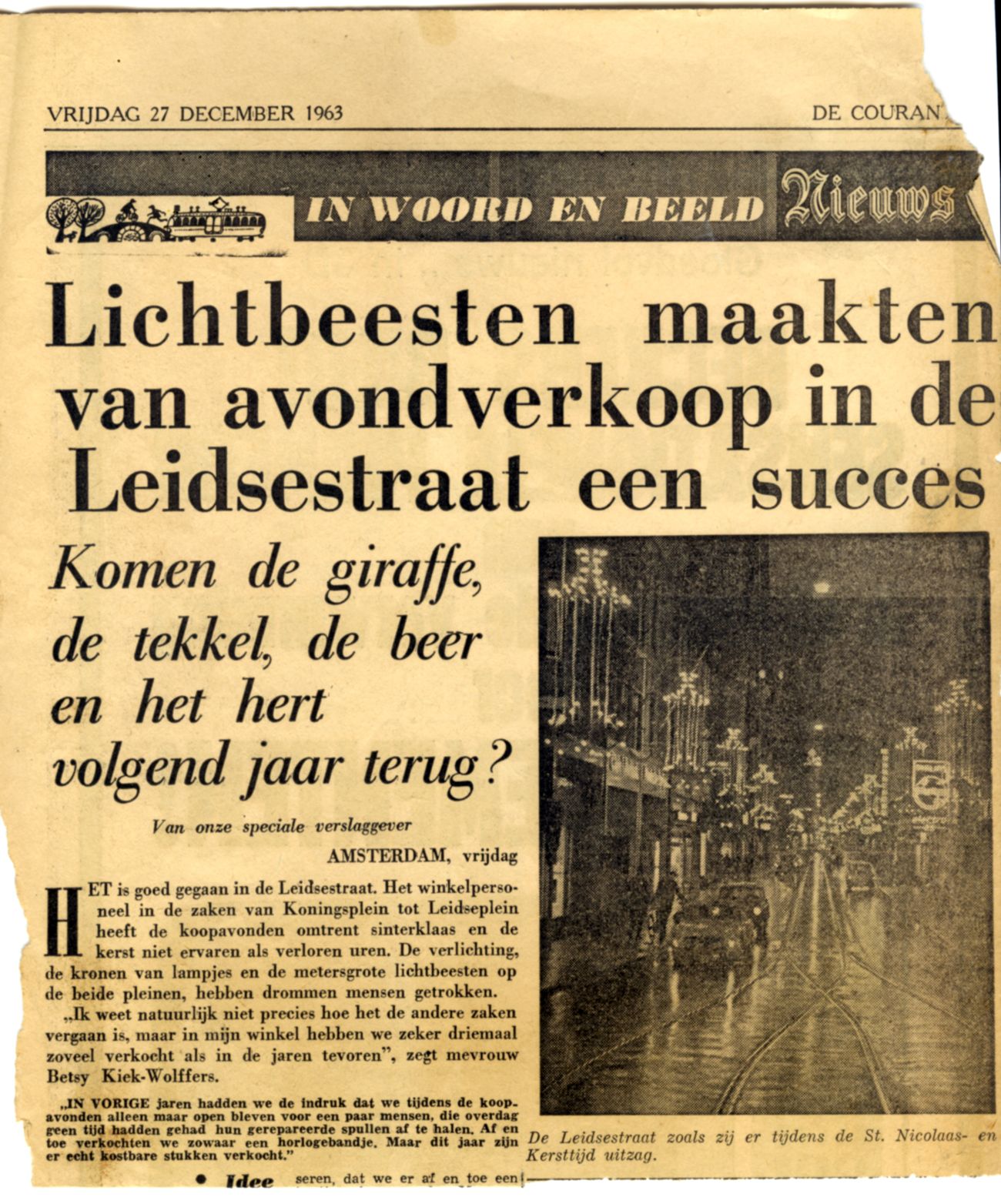 Krantenknipsel over de lichtbeesten in de Leidsestraat