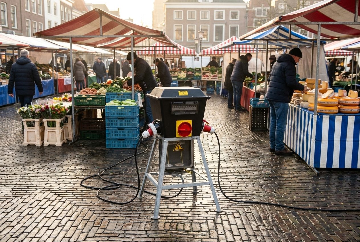 Homan stroomaansluitpunt tussen de marktkramen